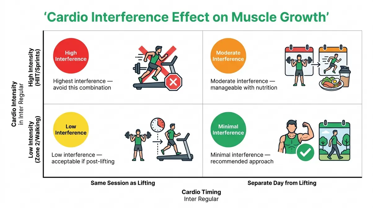 Interference effect matrix showing how cardio timing and intensity affect muscle gains
