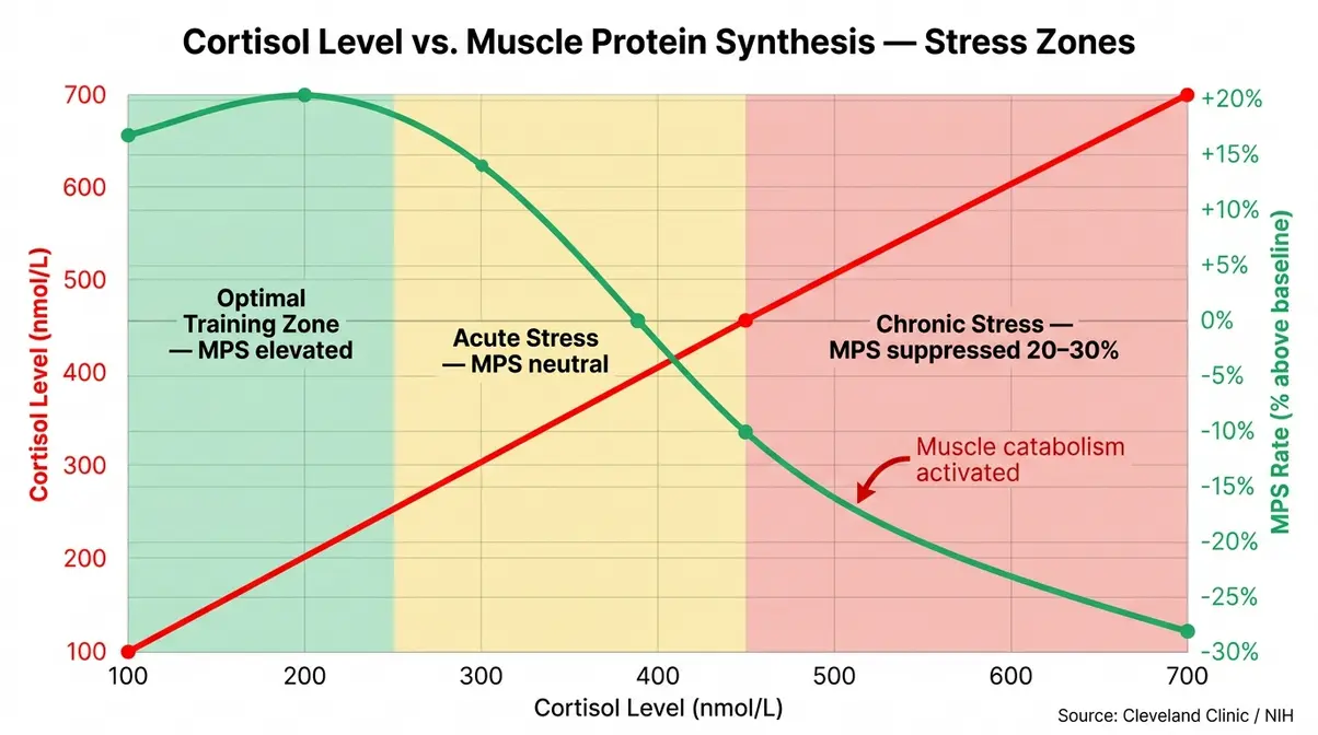 Cortisol versus muscle protein synthesis chart showing how chronic stress kills muscle gains