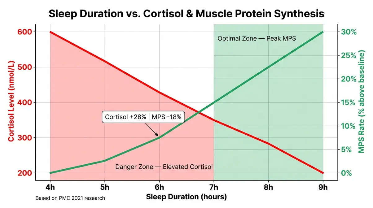 Chart showing cortisol levels vs muscle protein synthesis rates across different sleep durations — what kills muscle gains through poor sleep