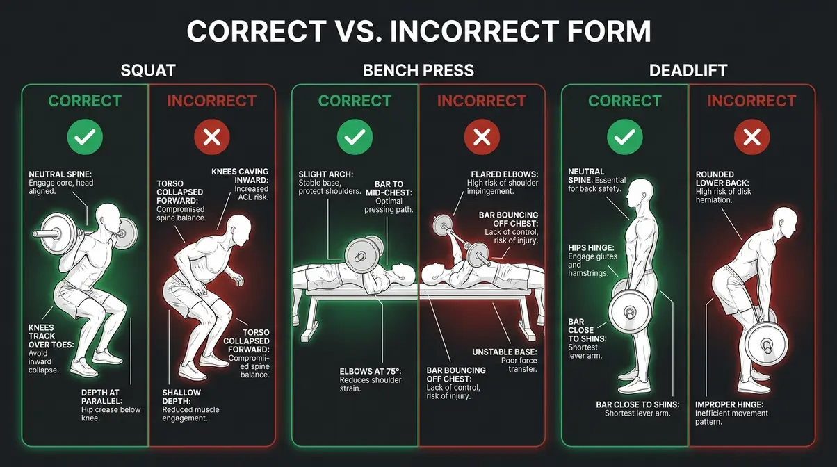 Proper exercise form guide showing correct vs incorrect technique for squat bench press and deadlift to maximize muscle gains