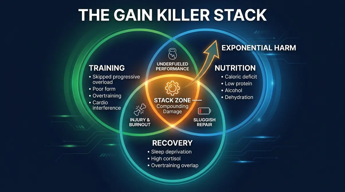 What kills muscle gains — The Gain Killer Stack infographic showing how poor nutrition, bad sleep, and training errors compound against muscle growth