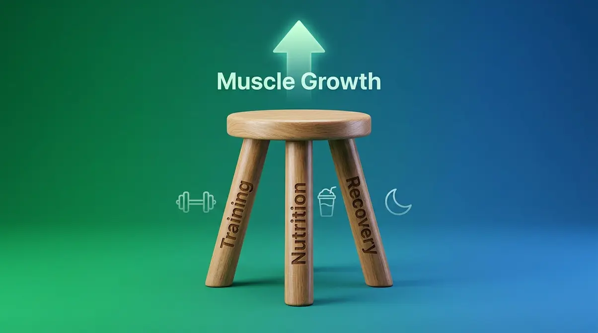 Three-pillar muscle growth framework showing training nutrition and recovery as equal foundations for gains