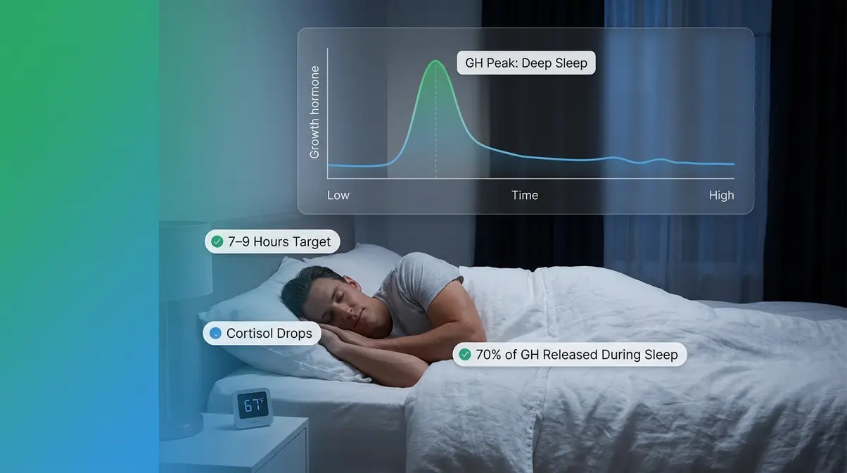 Sleep and recovery for muscle growth showing growth hormone release during deep sleep and 7 to 9 hour target
