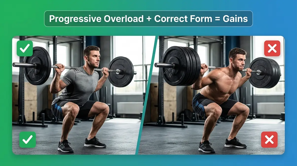 Training errors that halt muscle growth — correct squat form versus poor form comparison in gym setting