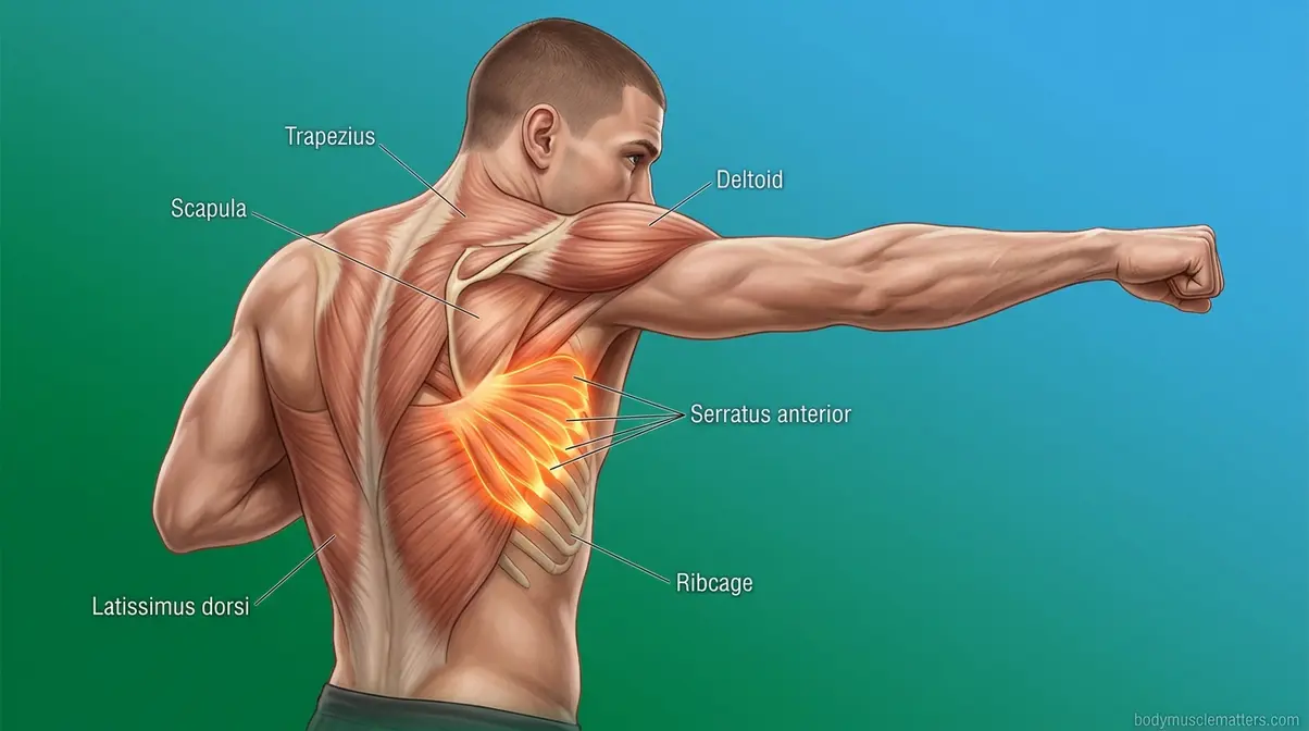 Anatomical view of the serratus anterior muscle during a boxing punch