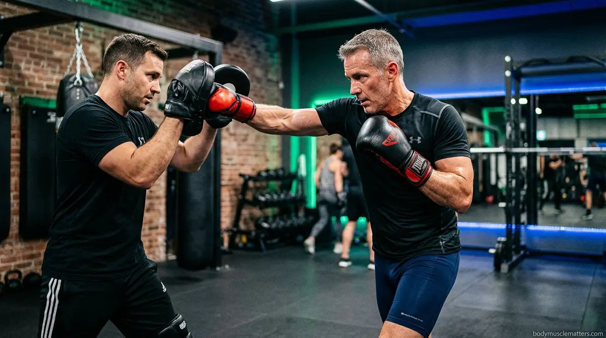 Older beginner practicing boxing technique on focus mitts with a trainer