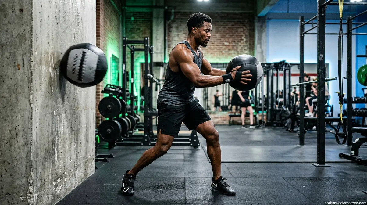 Boxer performing a medicine ball rotational throw to build core punching power