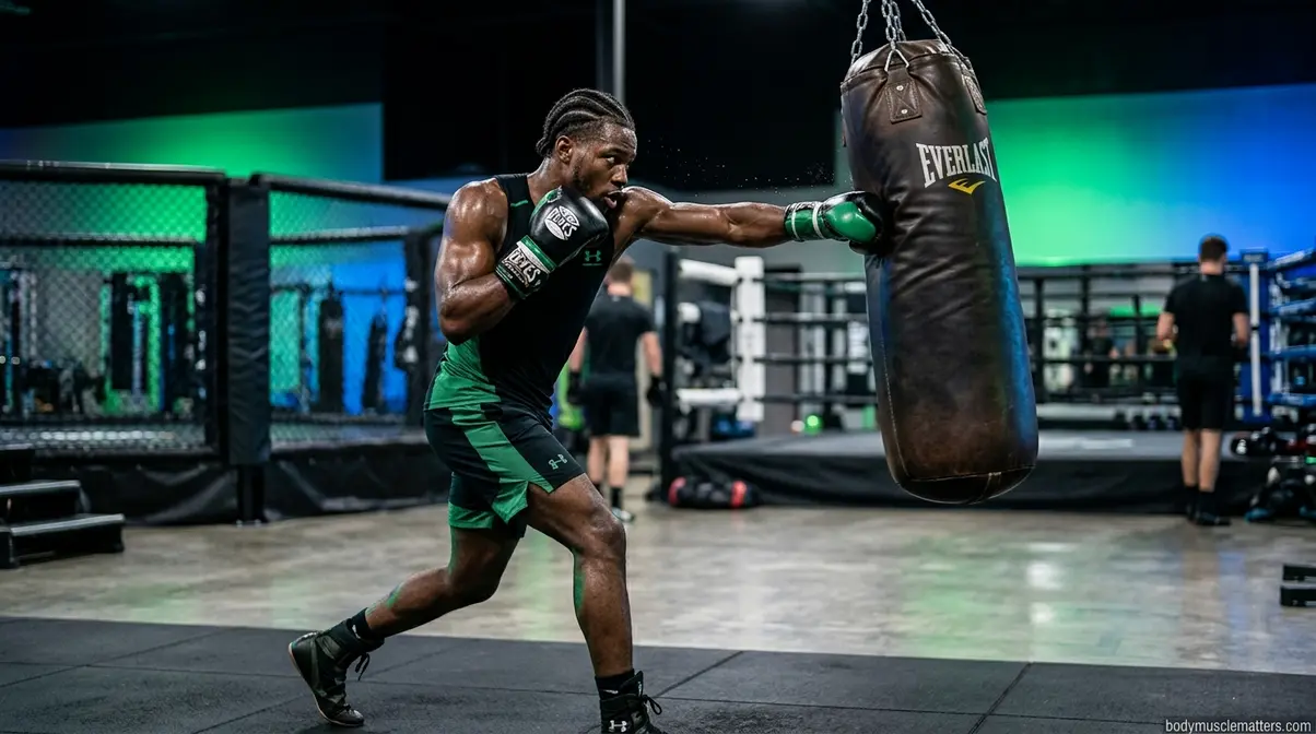 Boxer hitting a heavy bag demonstrating proper kinetic chain mechanics