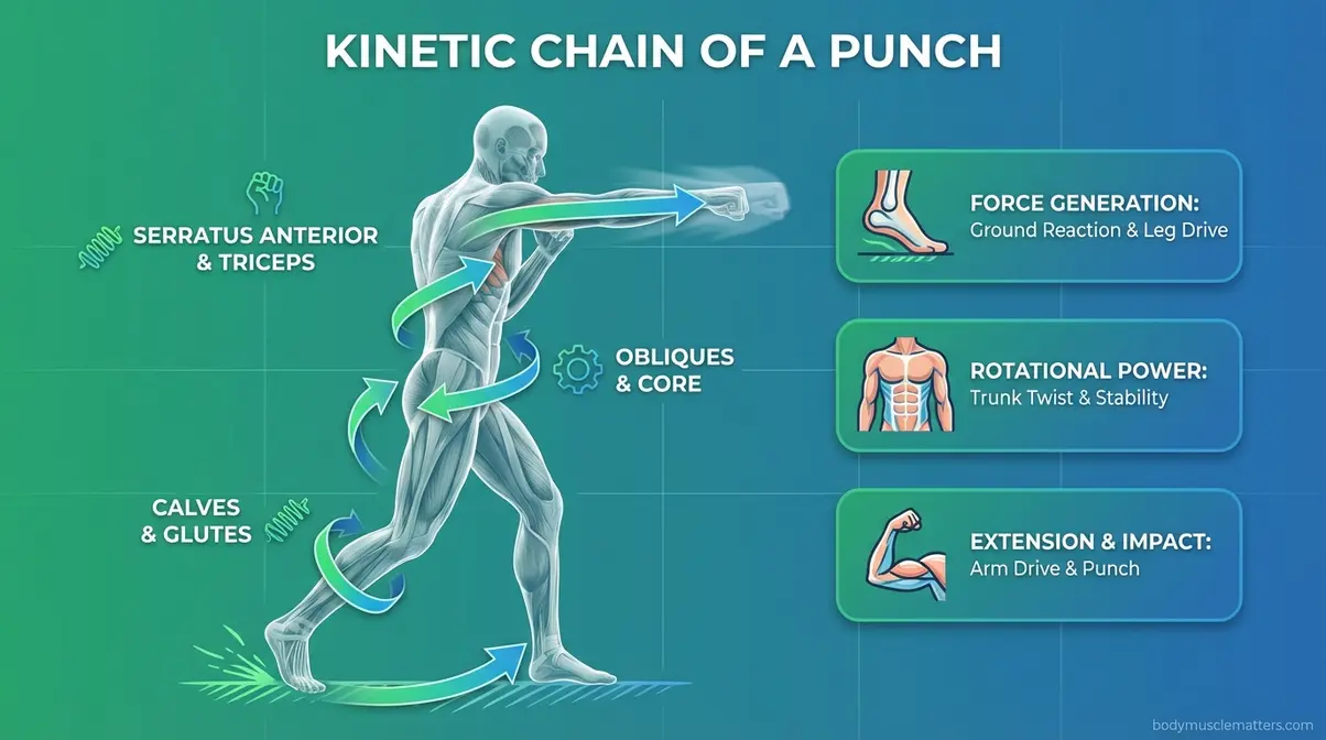 Anatomical infographic showing muscles used in punching from calves through core to fist, kinetic chain flow