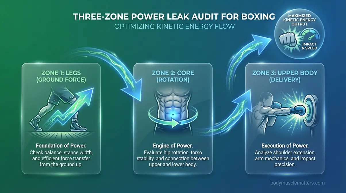 Flowchart showing three zones of punching power loss in boxing kinetic chain Power Leak Audit framework