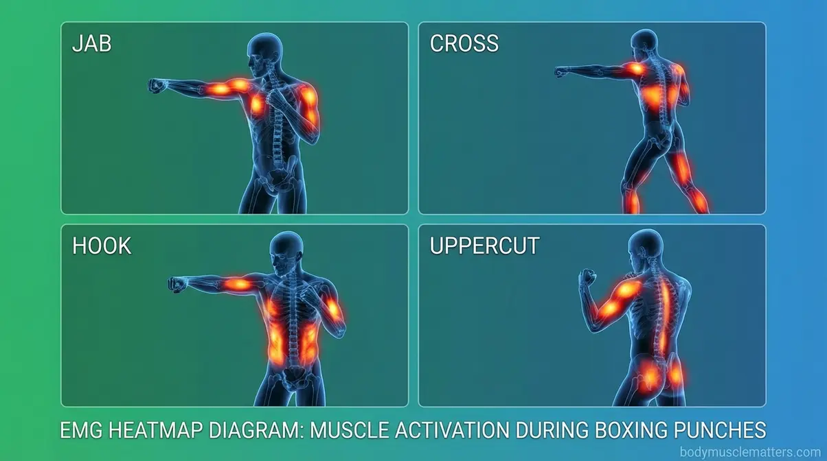 Diagram showing muscles activated during jab cross hook uppercut punches in boxing, EMG muscle activation comparison