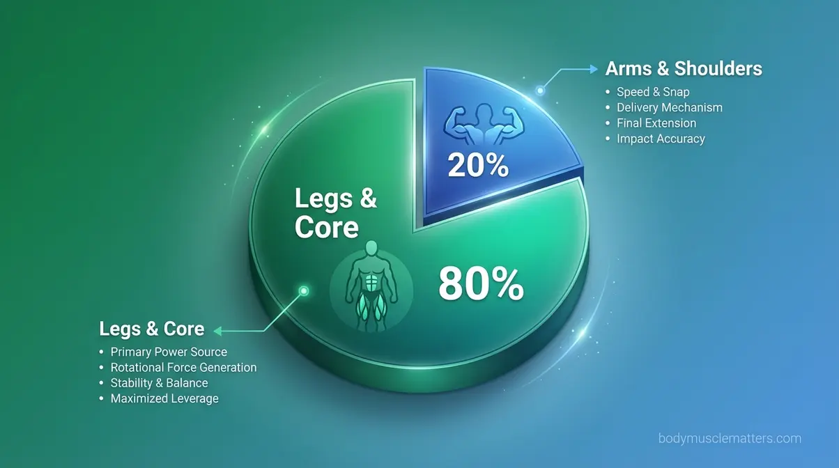 Pie chart showing 80% punching power from legs and core versus 20% from arms in boxing, muscles used in punching breakdown