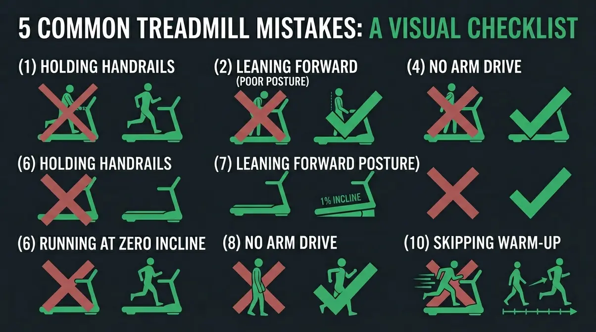 Five common treadmill mistakes including holding handrails leaning forward and skipping warm-up