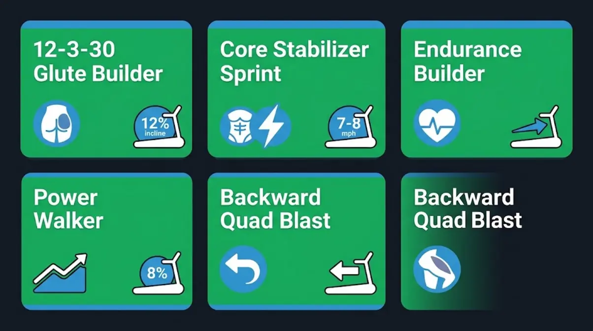 Five goal-specific treadmill workout routines targeting glutes core endurance and quads