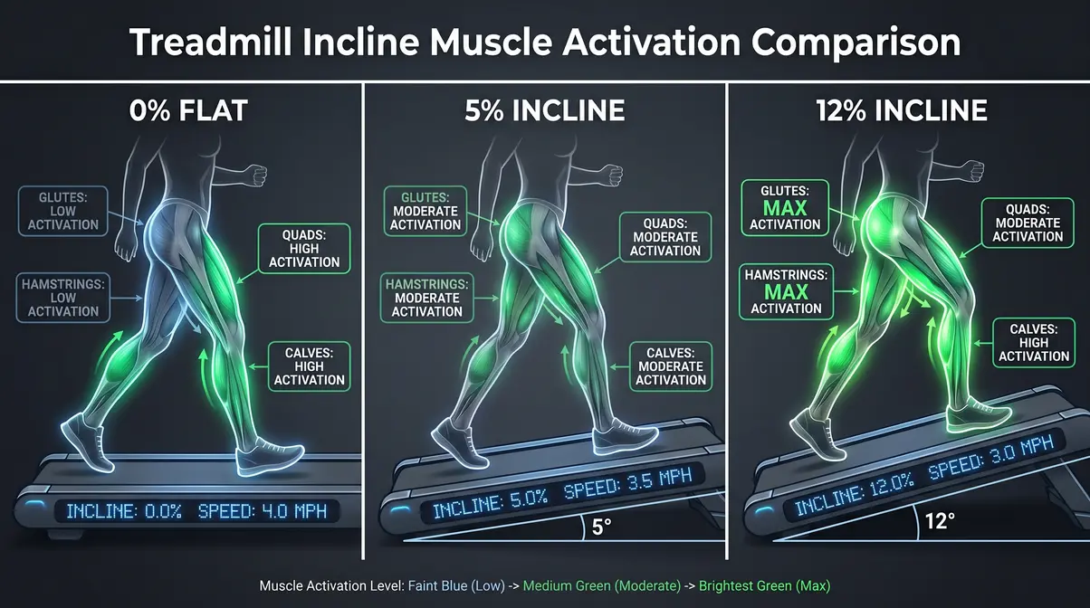 Treadmill incline muscle activation comparison diagram at 0 5 and 12 percent grade