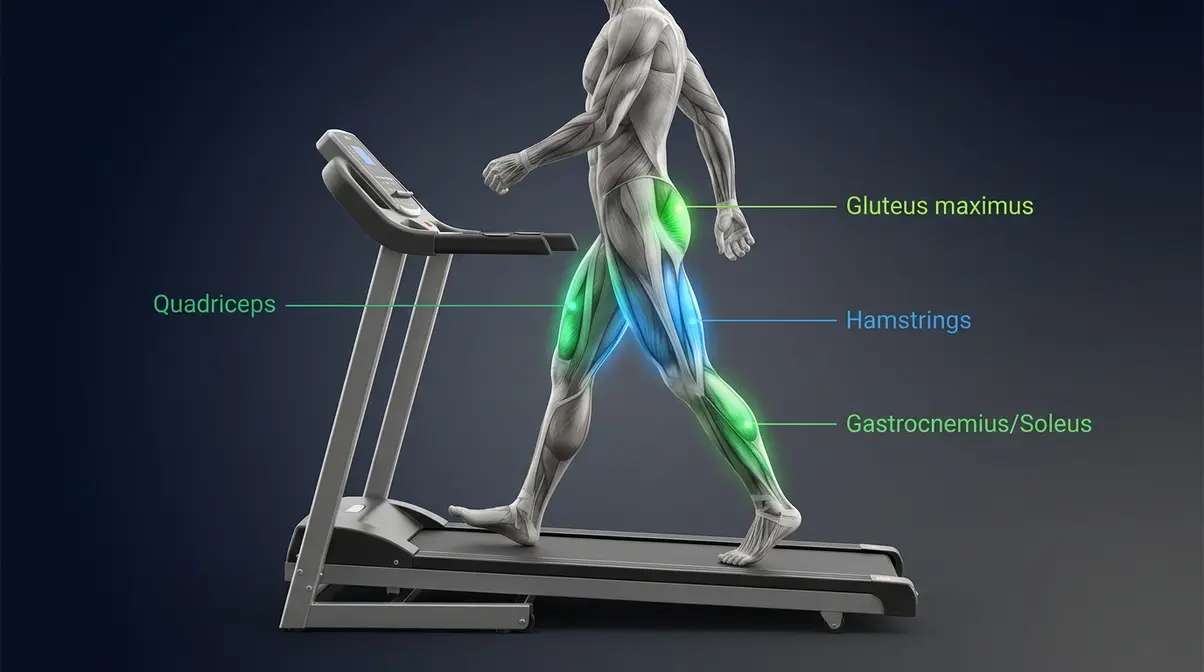 Primary lower body muscles worked on a treadmill including quads hamstrings glutes and calves