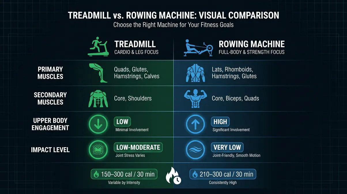 Treadmill vs rowing machine muscle comparison chart showing primary and secondary muscle groups