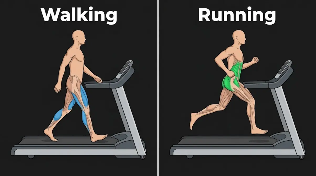 Walking vs running treadmill muscle activation comparison showing different muscle groups engaged