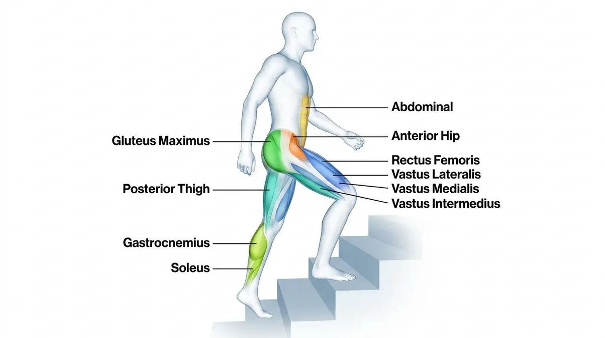 Muscles the StairMaster works anatomical diagram showing primary and secondary muscle groups