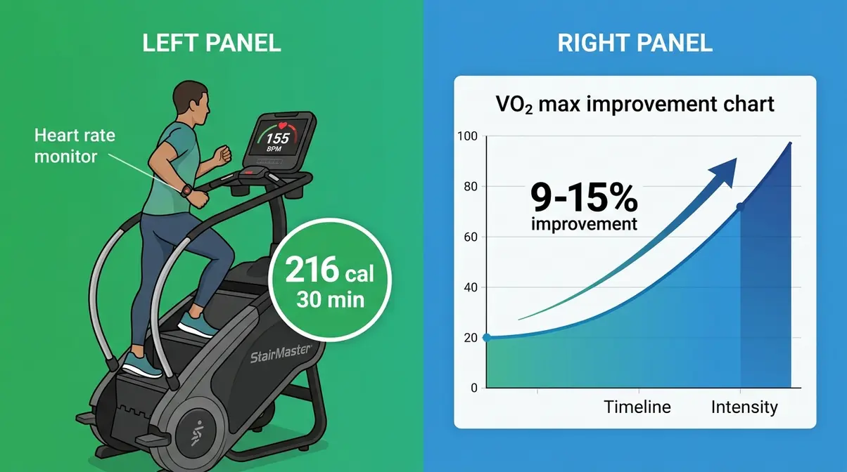 StairMaster cardio benefits showing calorie burn of 216 calories per 30 minutes and VO2 max improvement