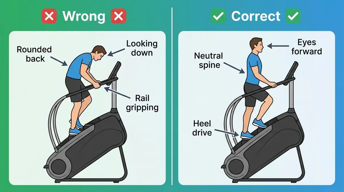 StairMaster form mistakes versus correct posture comparison showing handrail gripping and spine alignment errors