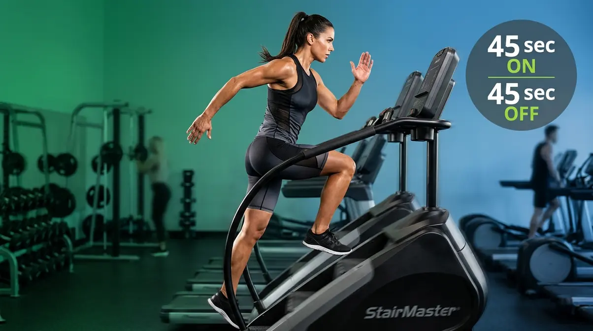 StairMaster HIIT workout session showing high-intensity interval protocol with hands-free climbing form