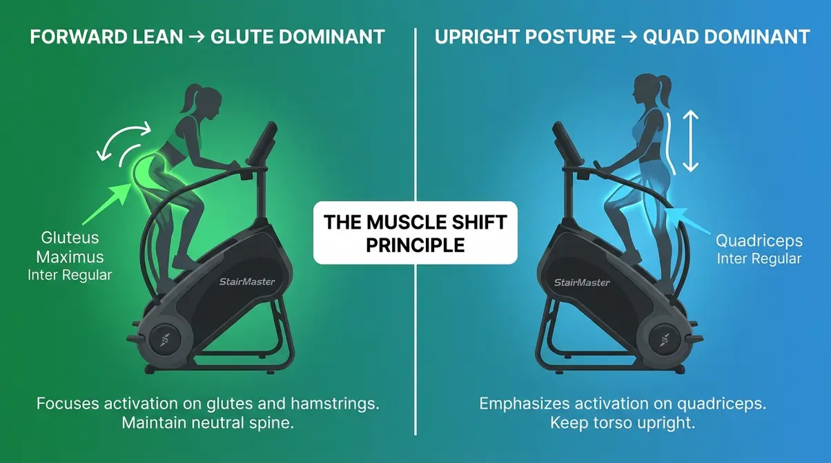 StairMaster posture comparison showing forward lean for glute activation versus upright quad activation