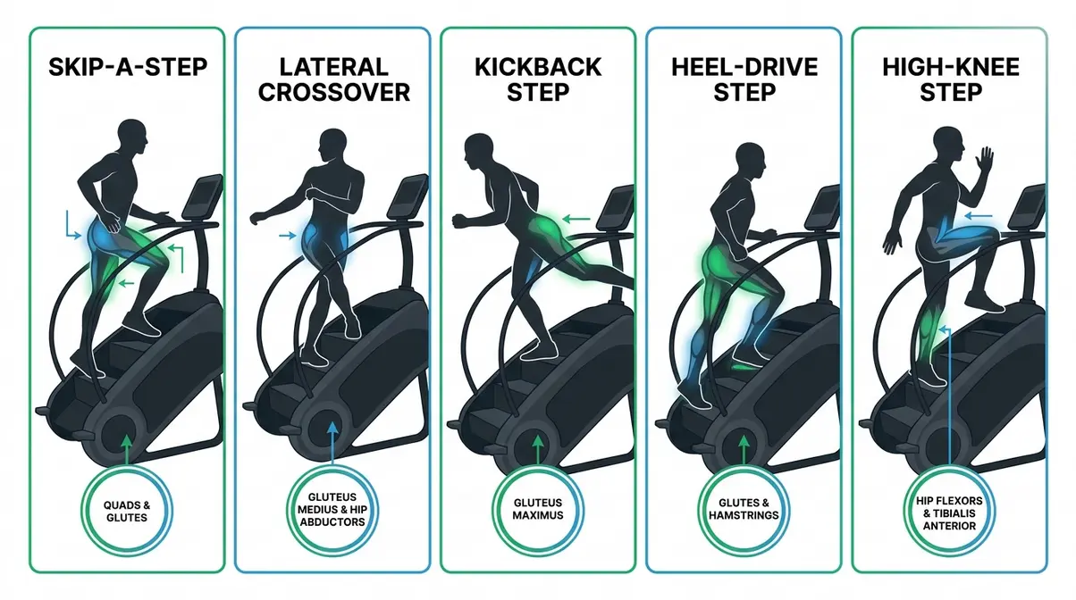 StairMaster step variations diagram showing muscle activation for skip-a-step lateral crossover kickback heel-drive high-knee