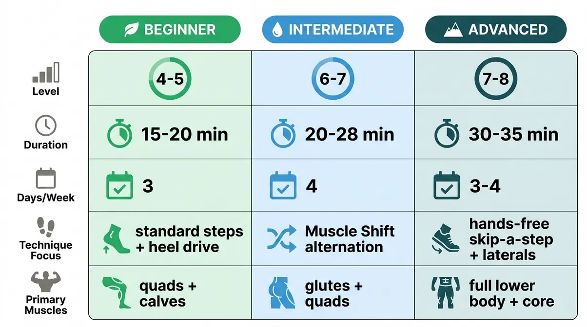 StairMaster workout protocol comparison table for beginner intermediate and advanced levels