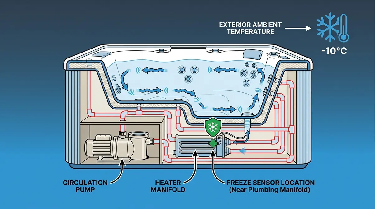 Diagram showing how hot tub freeze protection system works in winter cold with pipe vulnerability points labeled