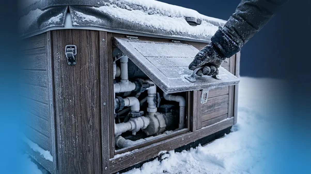 Hot tub cabinet exterior in freezing winter conditions showing plumbing access panel for freeze protection check