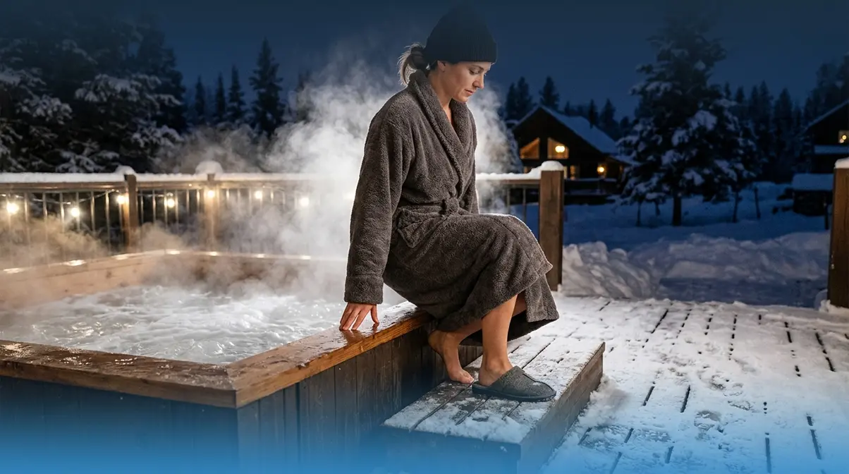 Person exiting steaming hot tub safely in winter wearing robe and slippers on snow-covered deck