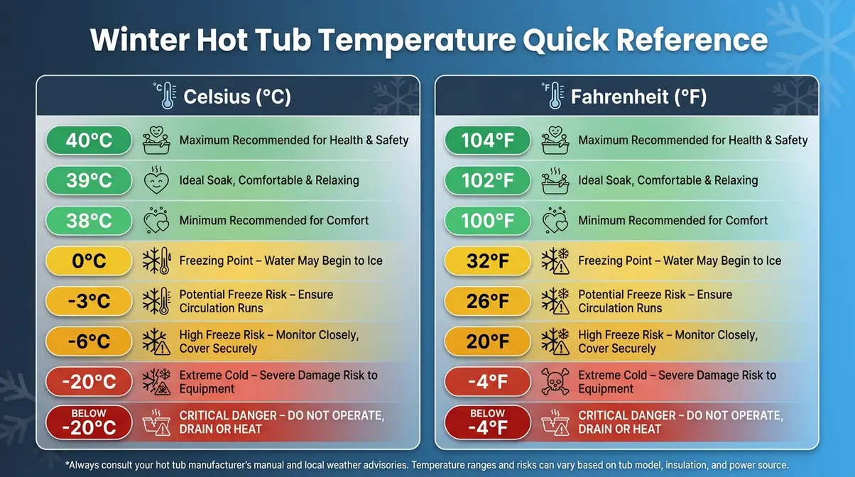 What temperature is too cold for a hot tub — Celsius and Fahrenheit reference chart with color-coded safety zones