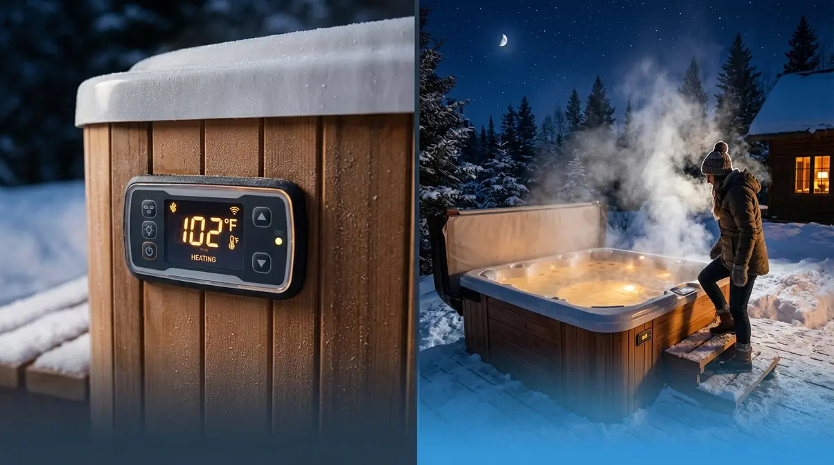 Hot tub digital control panel showing safe water temperature setting during winter cold weather