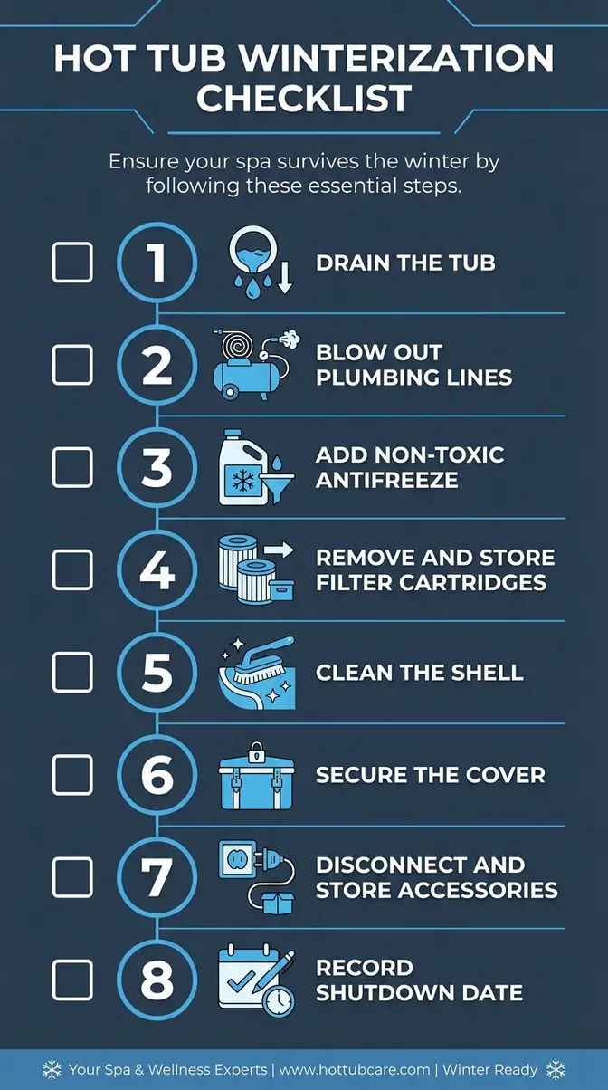 Hot tub winterization checklist infographic showing 8 steps to safely drain and protect your tub for winter