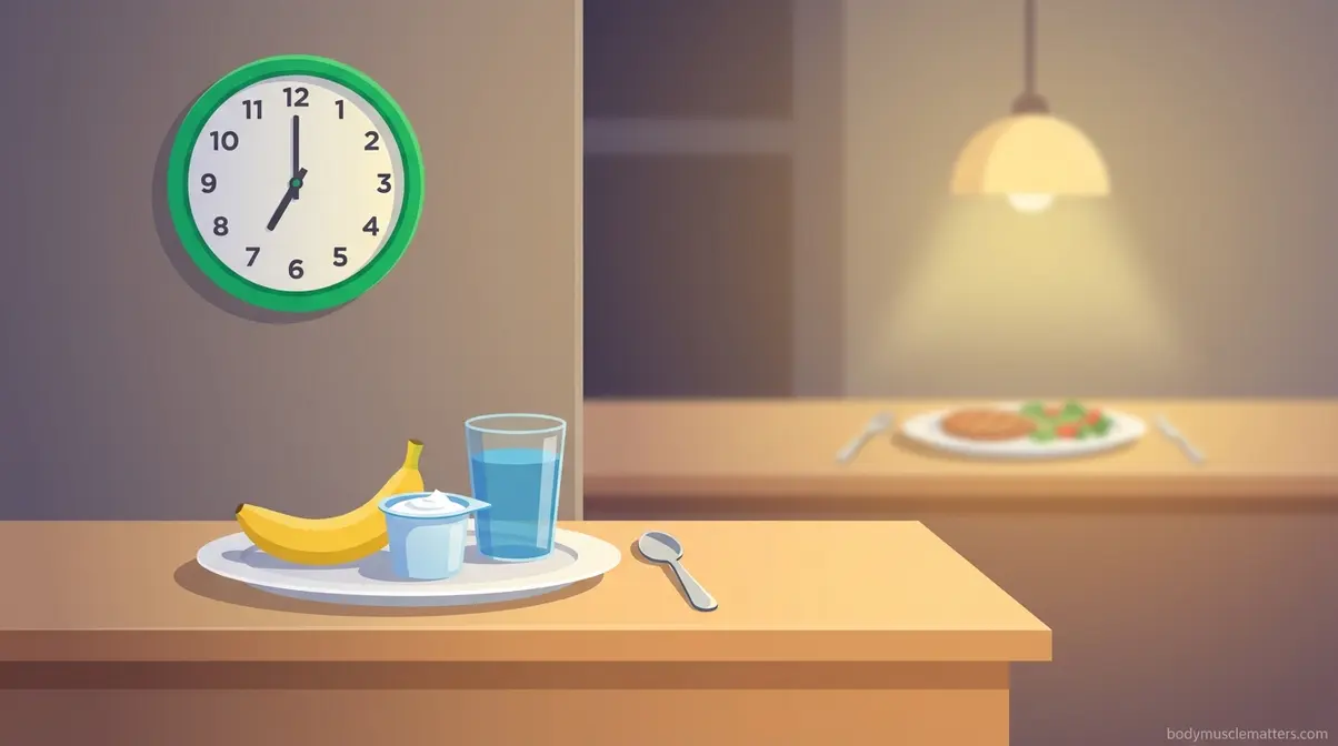 Evening pre-workout snack setup with banana Greek yogurt and water showing seven thirty p.m. timing