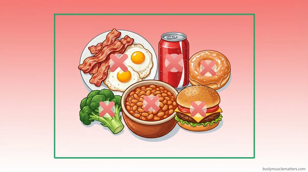 Foods to avoid before a workout including fried foods beans soda donuts and high fat meals marked with red indicators