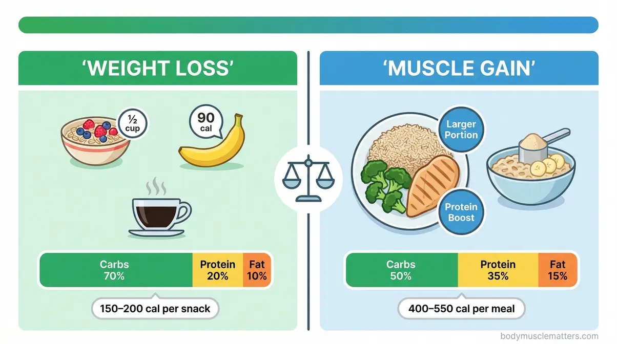 Side-by-side comparison chart of pre-workout meal options for weight loss versus muscle building with portion sizes and macronutrient breakdown