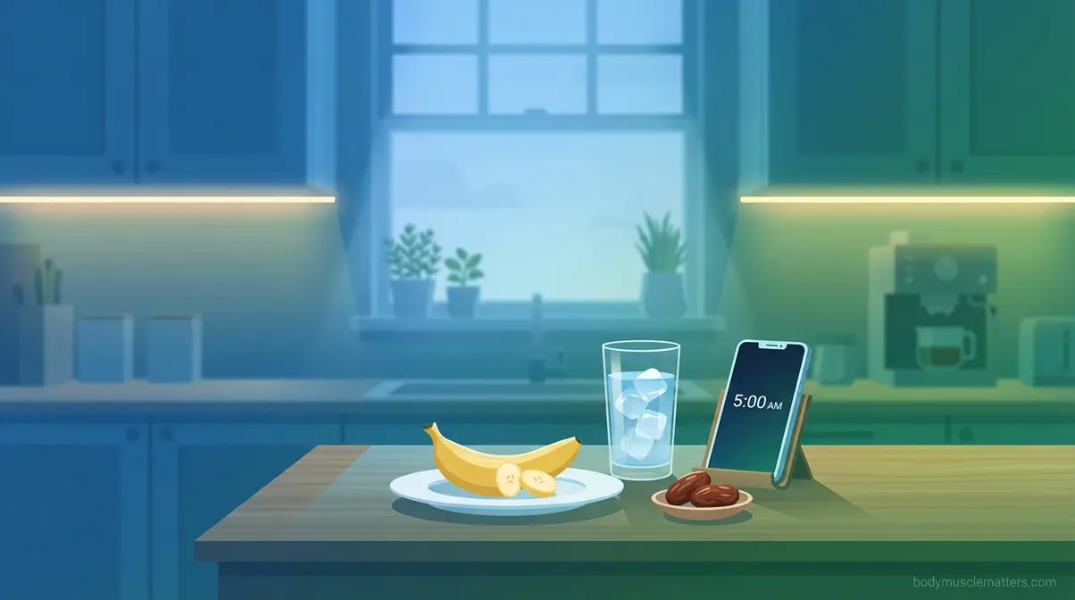 Early morning pre-workout nutrition setup at five a.m. showing half banana dates and water for early risers
