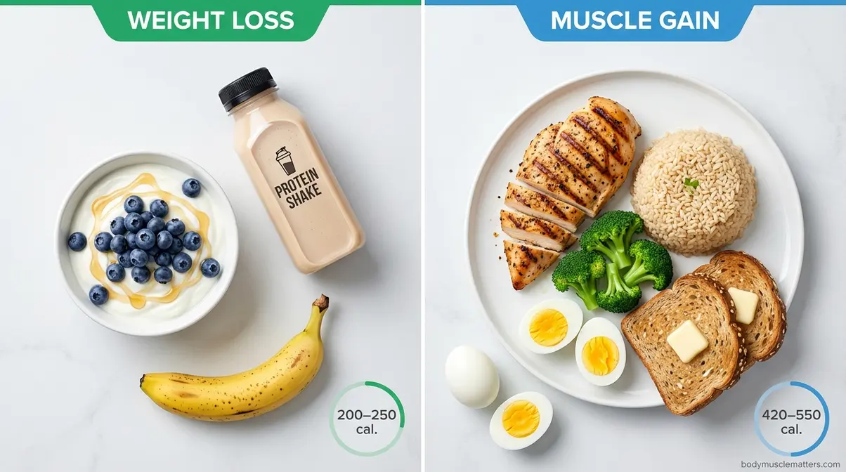 Post-workout meal combinations for weight loss and muscle gain showing protein and carbohydrate recovery options