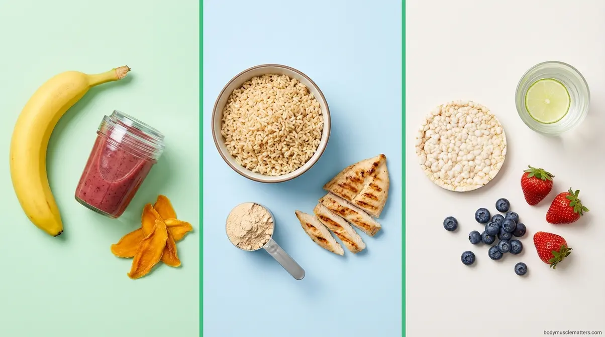 Pre-workout food comparison for three workout types showing cardio strength training and yoga nutrition options