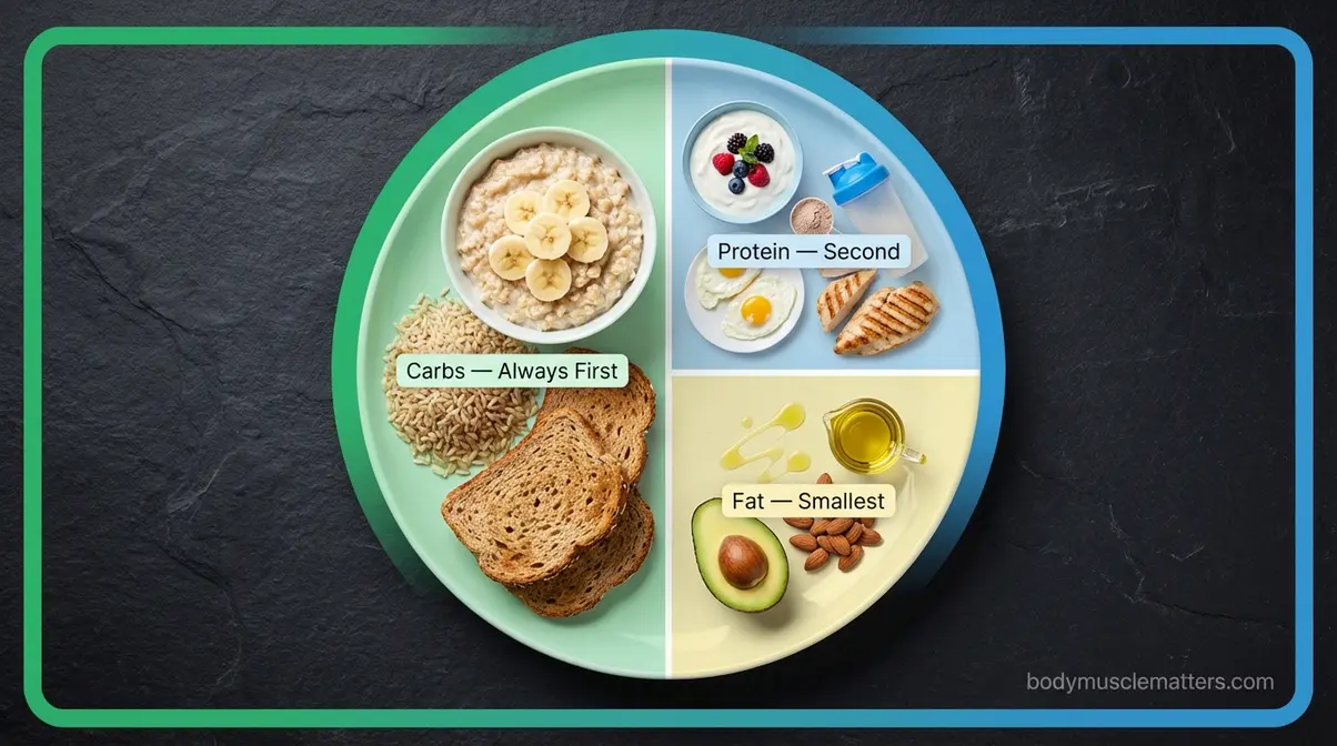 Pre-workout plate showing correct macronutrient proportions with carbohydrates protein and healthy fat sections