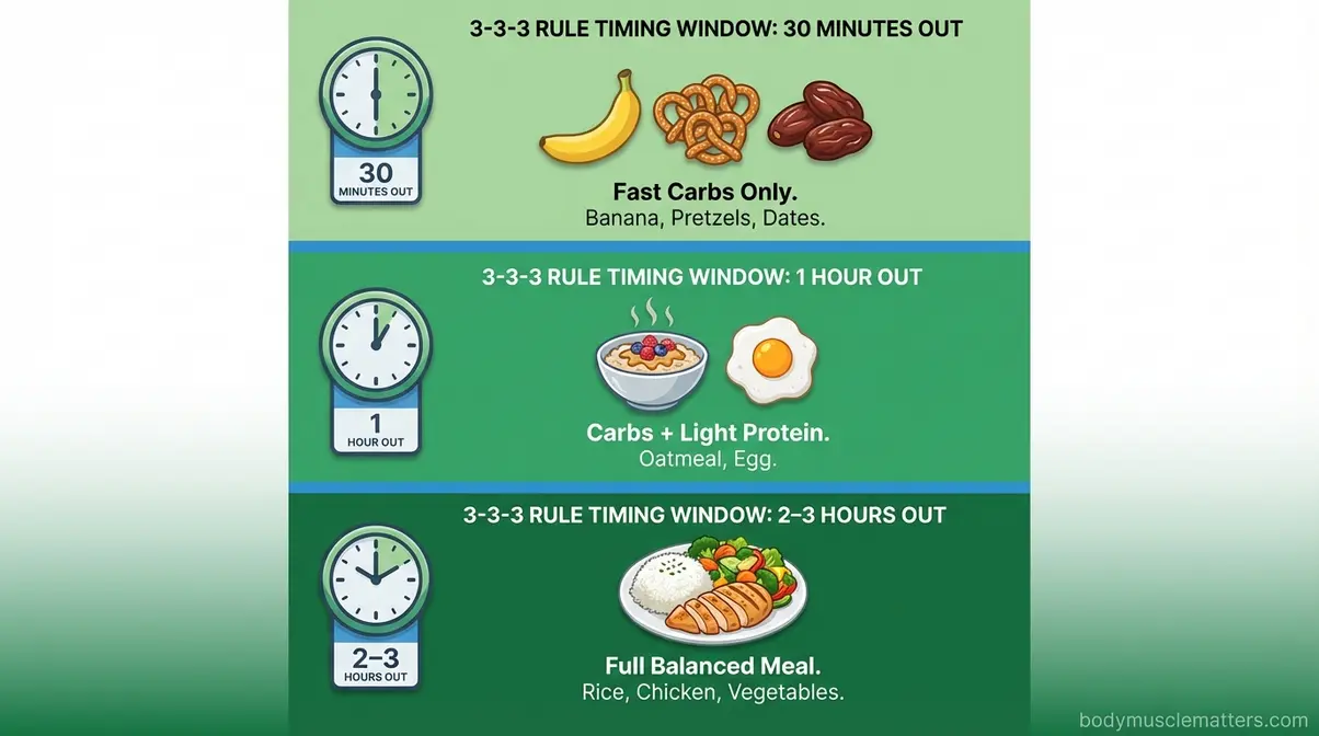 Infographic showing what to eat before a workout at three timing windows 30 minutes one hour and two to three hours out with food examples
