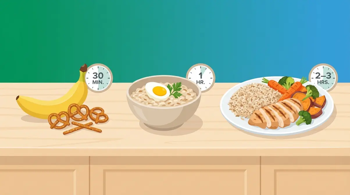Three pre-workout timing windows showing recommended foods for 30 minutes one hour and two to three hours before exercise