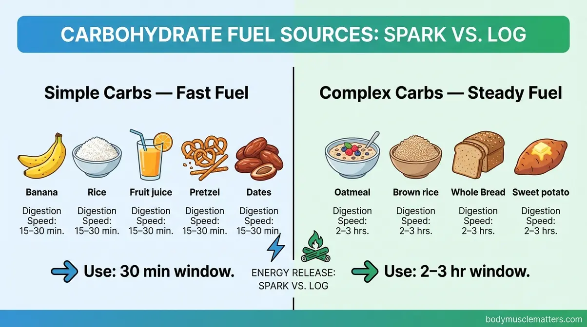Chart comparing simple and complex carbohydrate foods for pre-workout nutrition showing digestion speed and best timing window