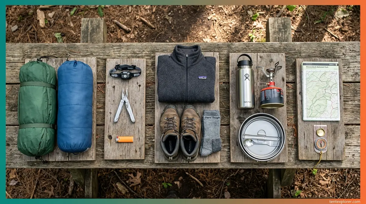 Five camping gear groups showing shelter, tools, apparel, kitchen, and knowledge items for one-night camping