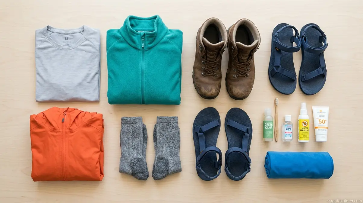 Camping clothing and hygiene kit showing three-layer system, hiking boots, and personal care items for one night