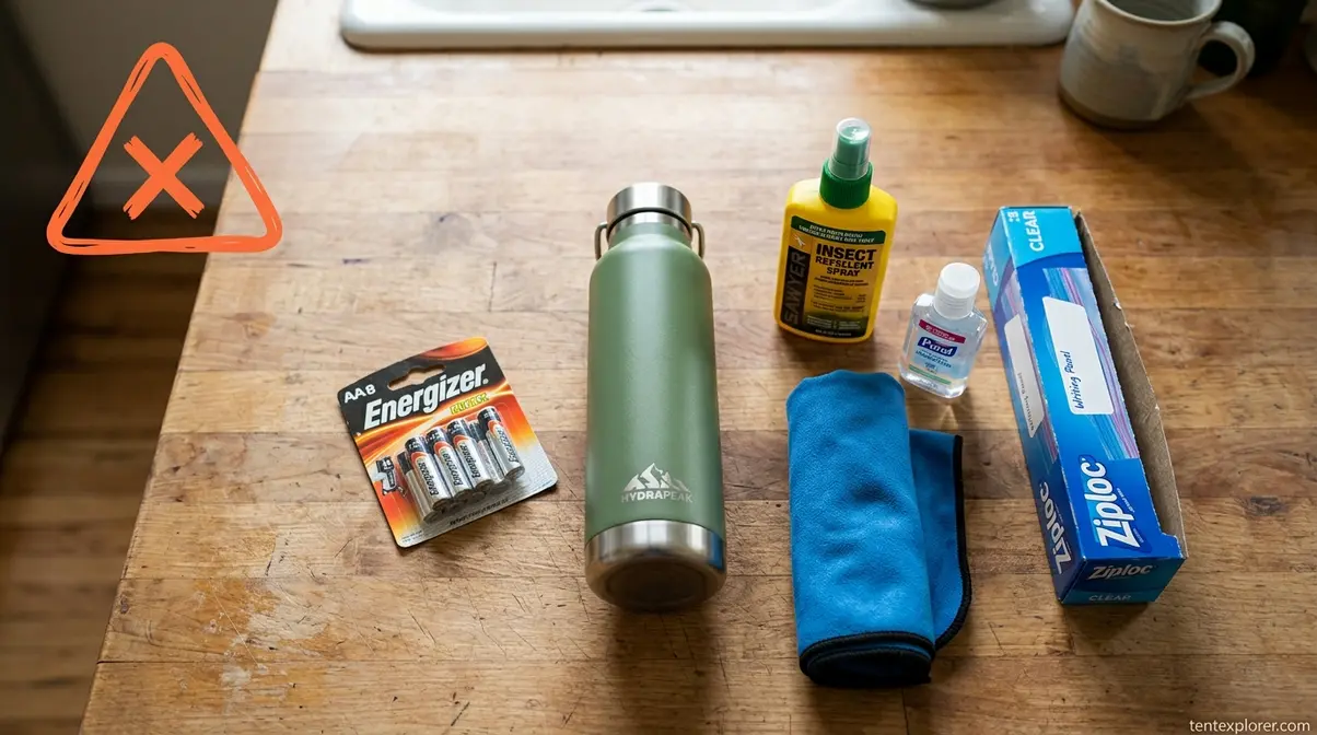 Five most forgotten camping items — batteries, insect repellent, hand sanitizer, water bottle, and camp towel