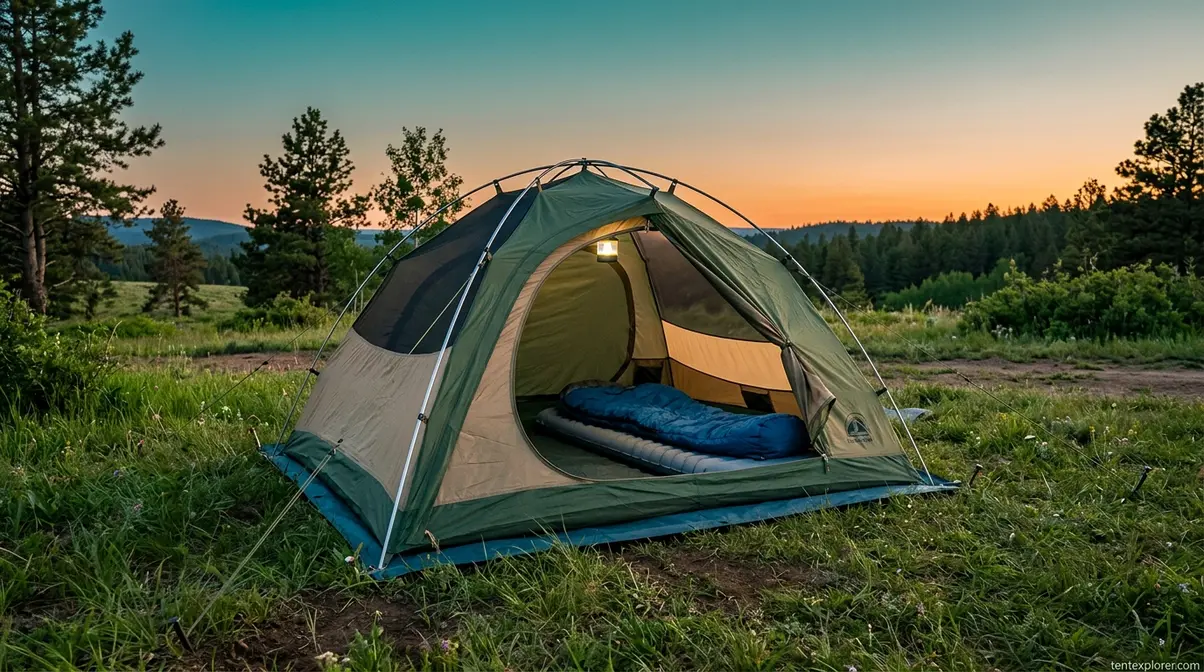 Dome tent pitched at campsite with sleeping bag and sleeping pad visible inside for one-night camping