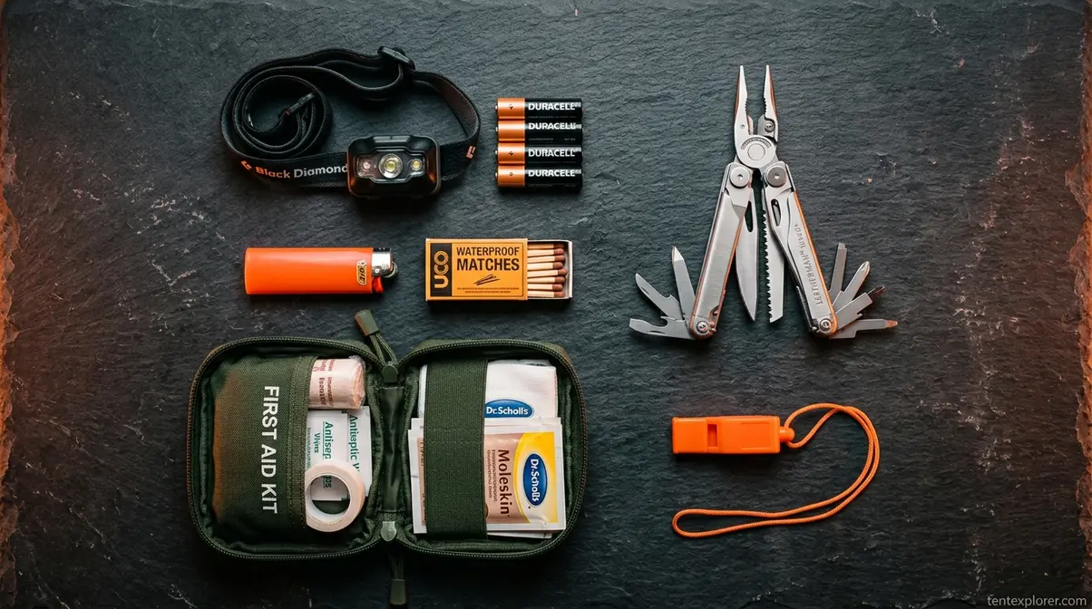 Camping tools and safety kit showing headlamp, multi-tool, lighter, waterproof matches, and first aid kit